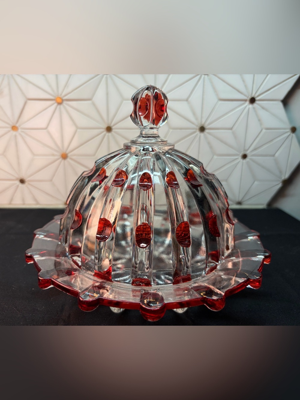 Antique c.1891 U.S. Glass Broken Column Ruby Stain Covered Butter Dish EAPG